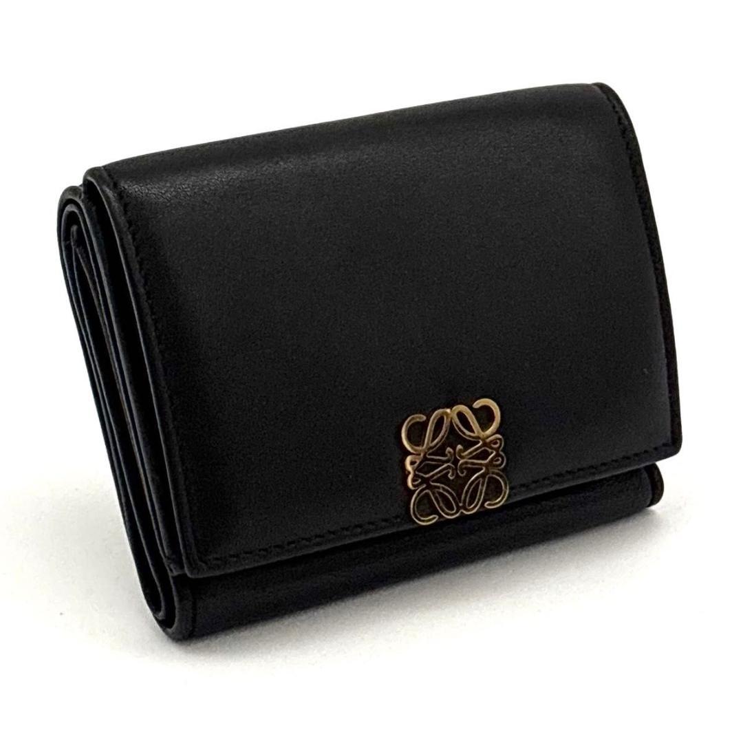 極美品 ロエベ 三つ折り財布 アナグラム 黒 金 レザー コンパクト レザー