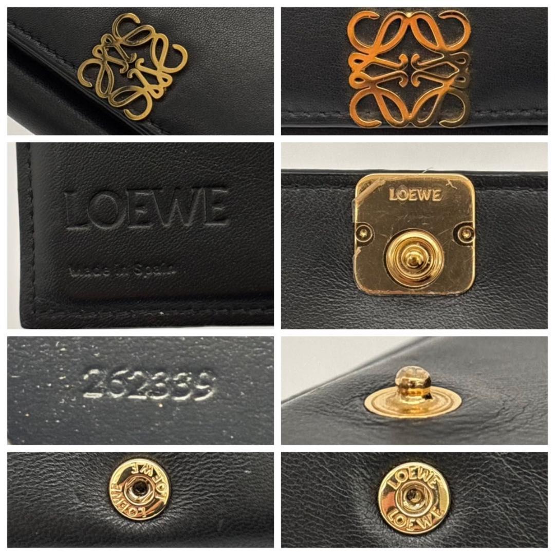 極美品 ロエベ 三つ折り財布 アナグラム 黒 金 レザー コンパクト レザー