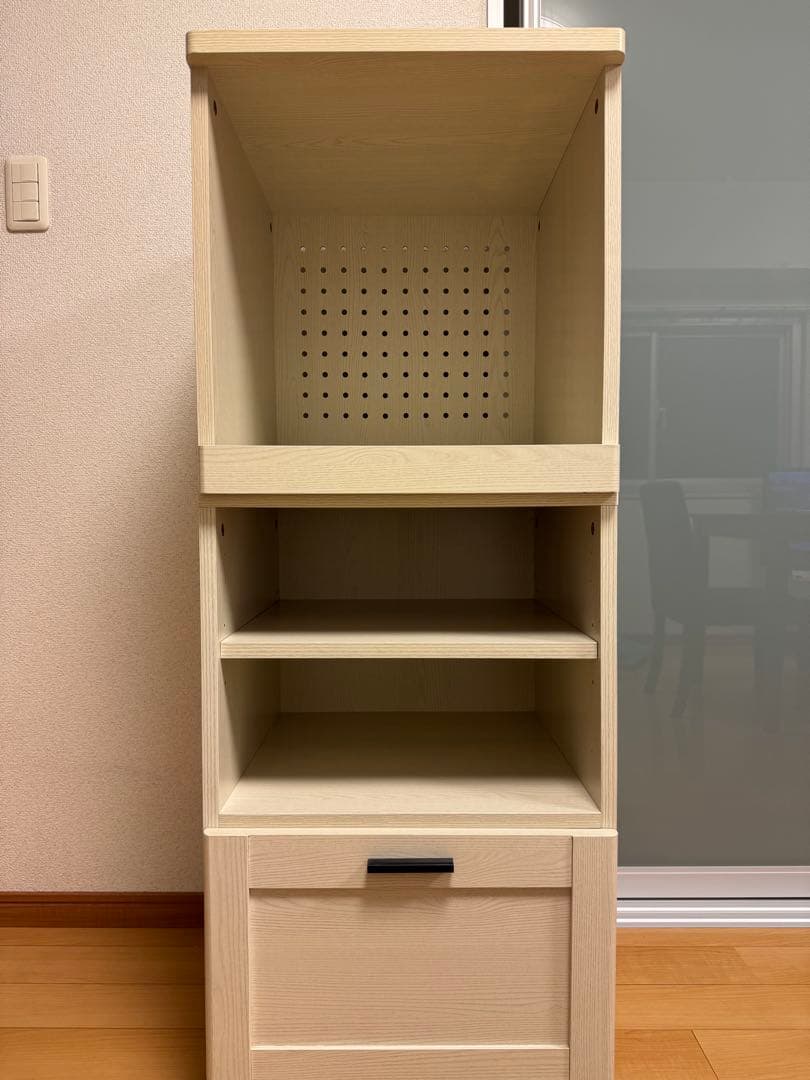 【レンジ台】ホワイト木製シェルフ 3段収納 引き出し付き