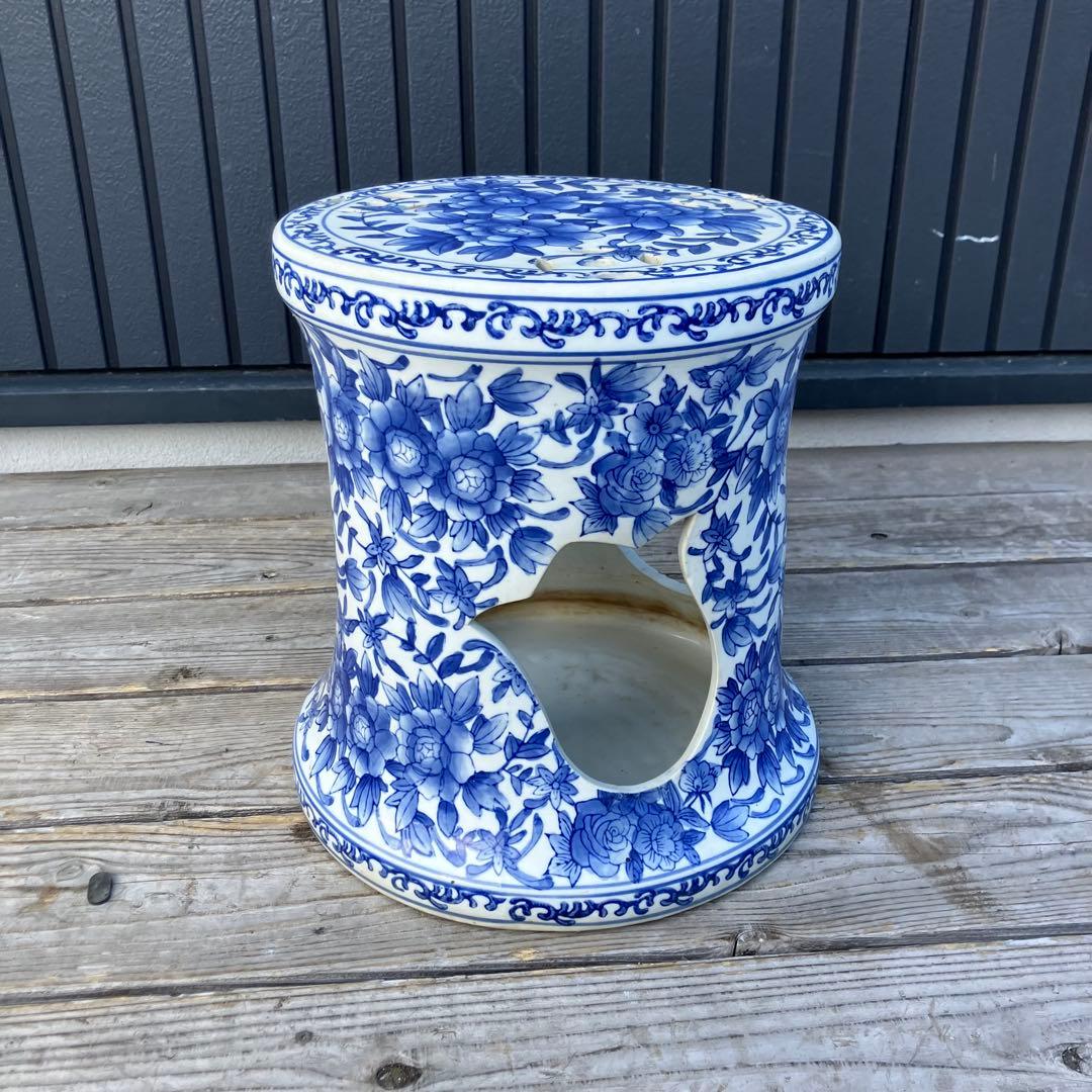 中国陶器スツール 青華唐子之図 染付 花柄 花台 ビンテージ ヴィンテージ
