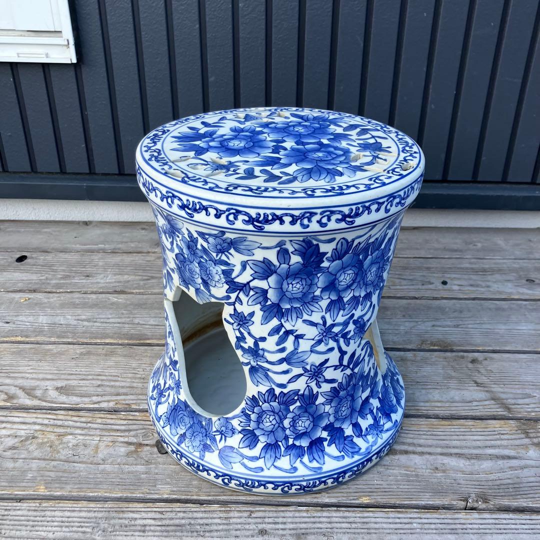 中国陶器スツール 青華唐子之図 染付 花柄 花台 ビンテージ ヴィンテージ