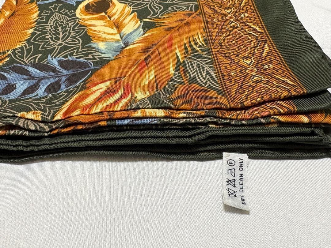 HERMES スカーフ シルク 羽根模様 青 オレンジ オリブ緑