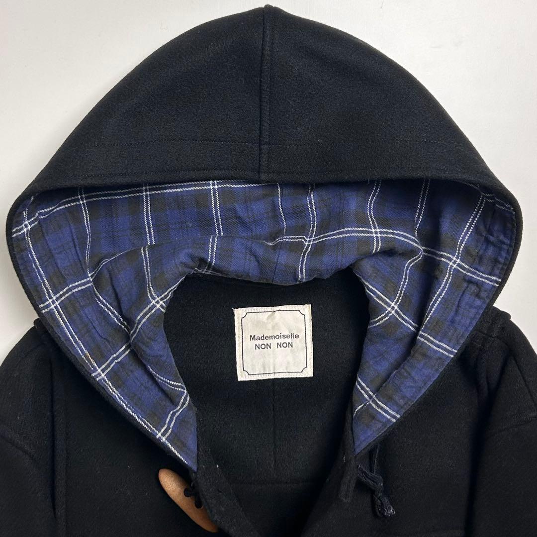 90s【美品】マドモアゼルノンノン/ロングダッフルコート/チェック柄切り替え/黒