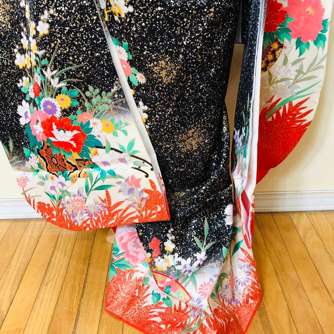 豪華7歳完全フルセット‼️豪華黒地ラメキッラキラ⭐︎花車扇金彩刺繍煌びやか見惚れる❤️