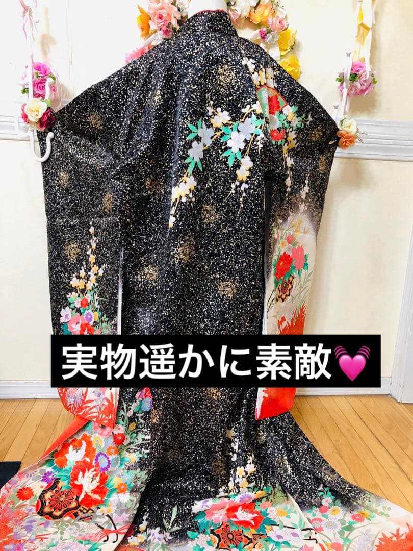 豪華7歳完全フルセット‼️豪華黒地ラメキッラキラ⭐︎花車扇金彩刺繍煌びやか見惚れる❤️
