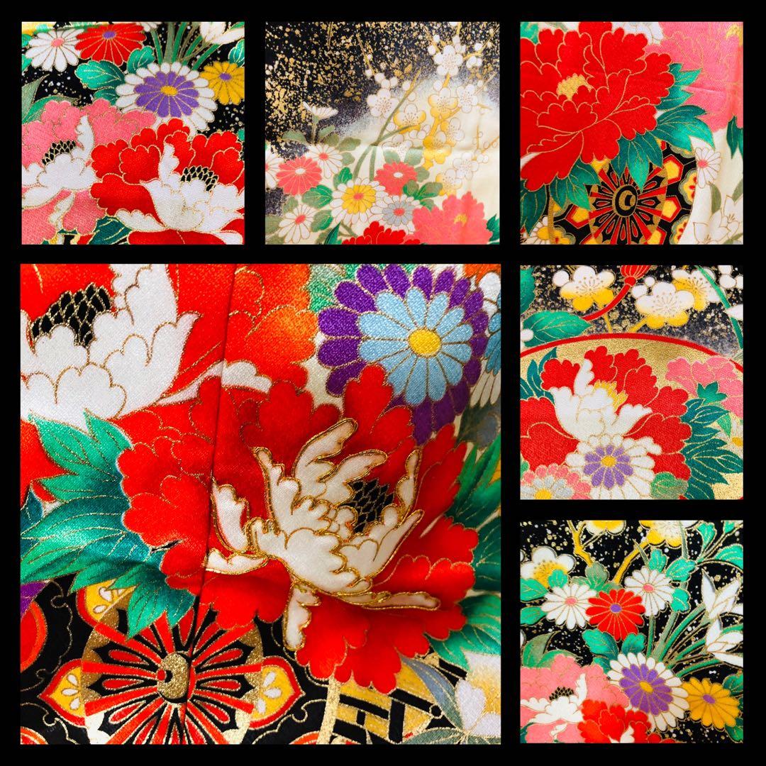 豪華7歳完全フルセット‼️豪華黒地ラメキッラキラ⭐︎花車扇金彩刺繍煌びやか見惚れる❤️