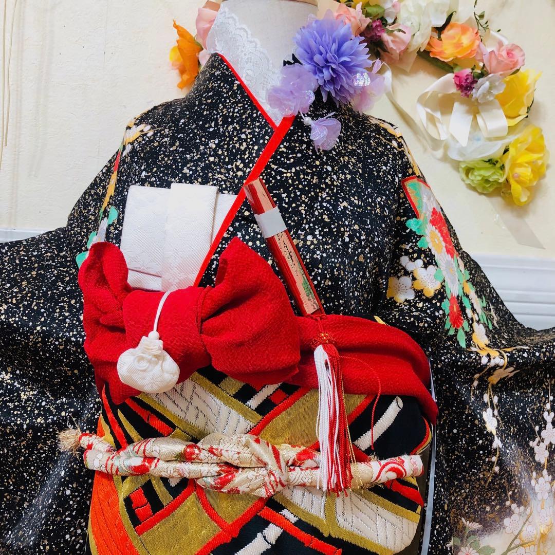 豪華7歳完全フルセット‼️豪華黒地ラメキッラキラ⭐︎花車扇金彩刺繍煌びやか見惚れる❤️