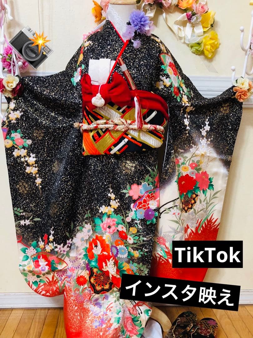 豪華7歳完全フルセット‼️豪華黒地ラメキッラキラ⭐︎花車扇金彩刺繍煌びやか見惚れる❤️