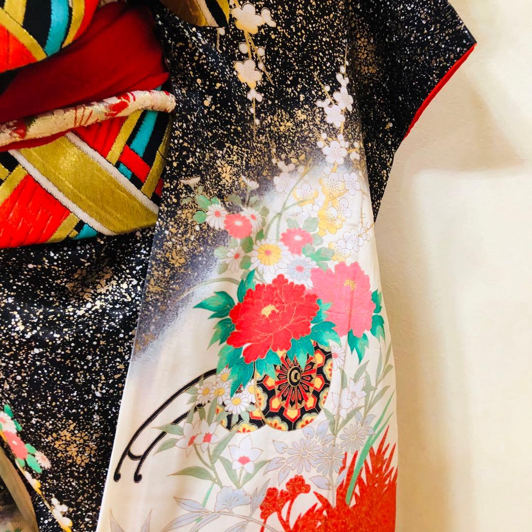 豪華7歳完全フルセット‼️豪華黒地ラメキッラキラ⭐︎花車扇金彩刺繍煌びやか見惚れる❤️