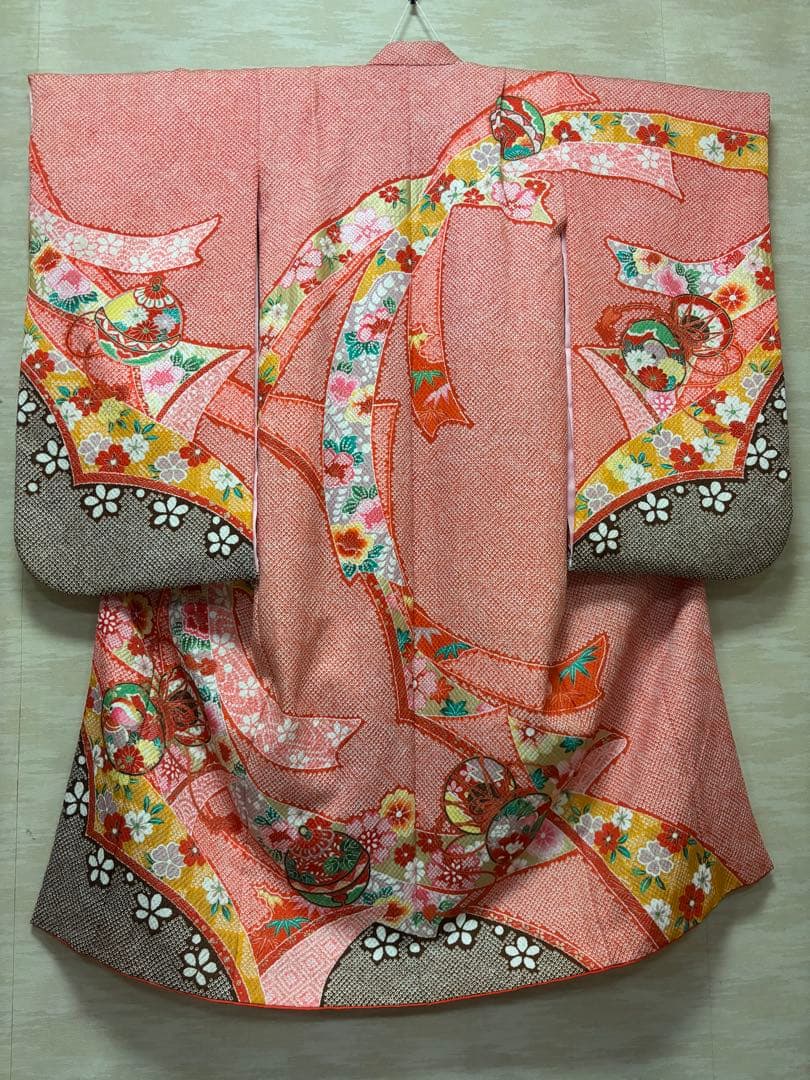七五三　7歳女の子　着物セット　赤絞り　鼓　鴛鴦　熨斗目　鈴
