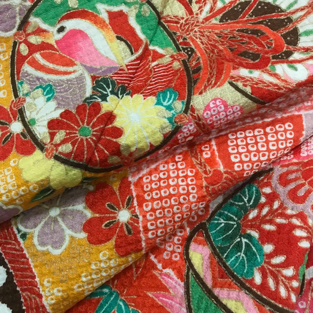 七五三　7歳女の子　着物セット　赤絞り　鼓　鴛鴦　熨斗目　鈴