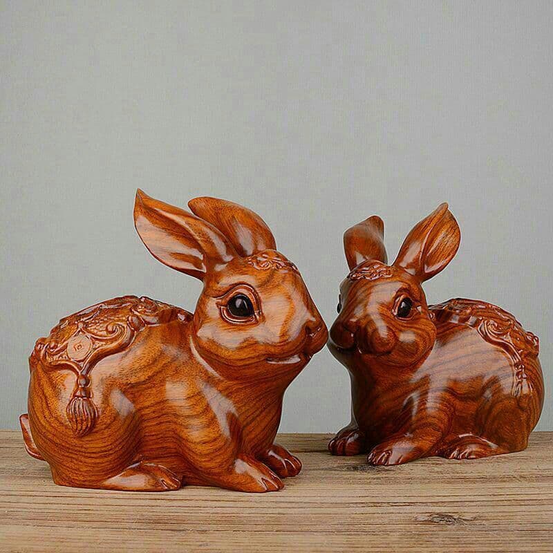 黄花梨実木彫刻兎置物工芸品