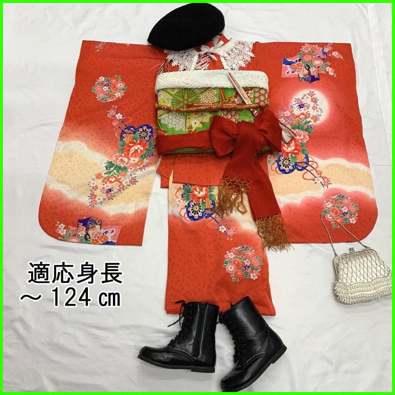 511ag16■七五三 七歳 女児 着物&袋帯 花車 菊 牡丹■美品