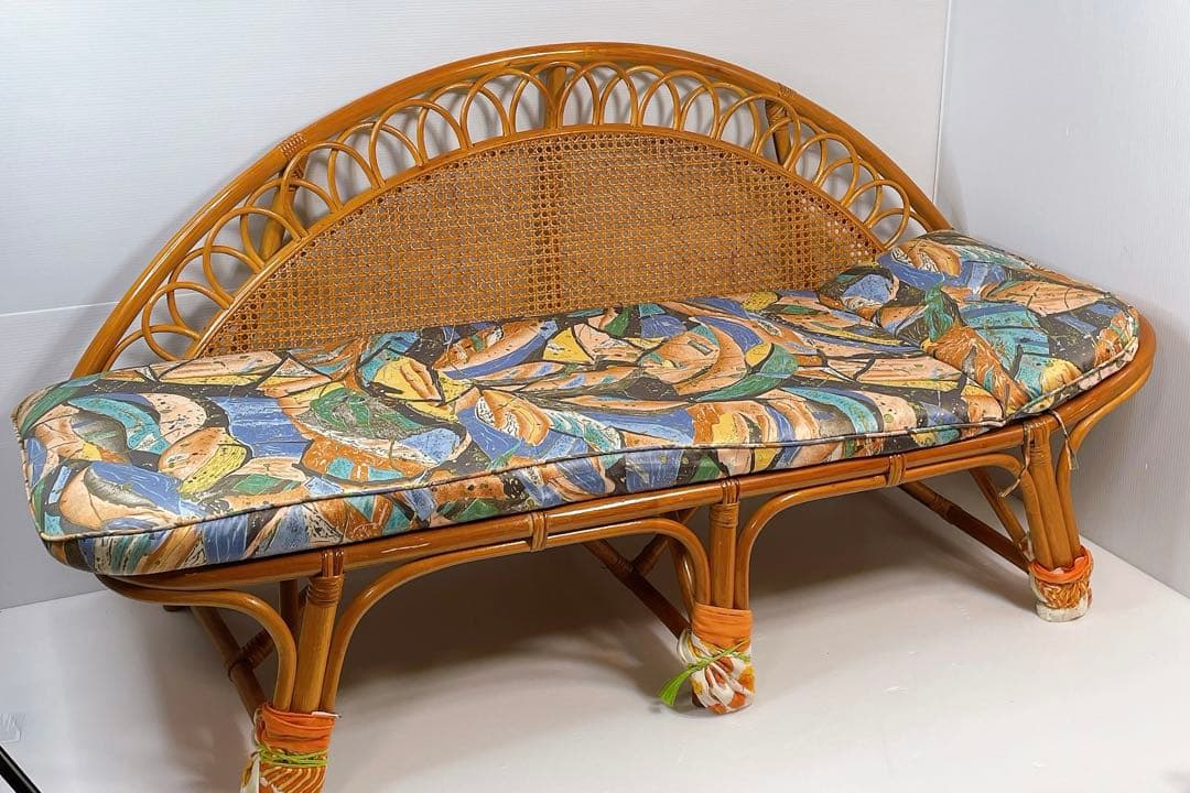 ヴィンテージ ラタン 籐 ソファ ベンチ 2人掛け 昭和レトロ　クッション付き