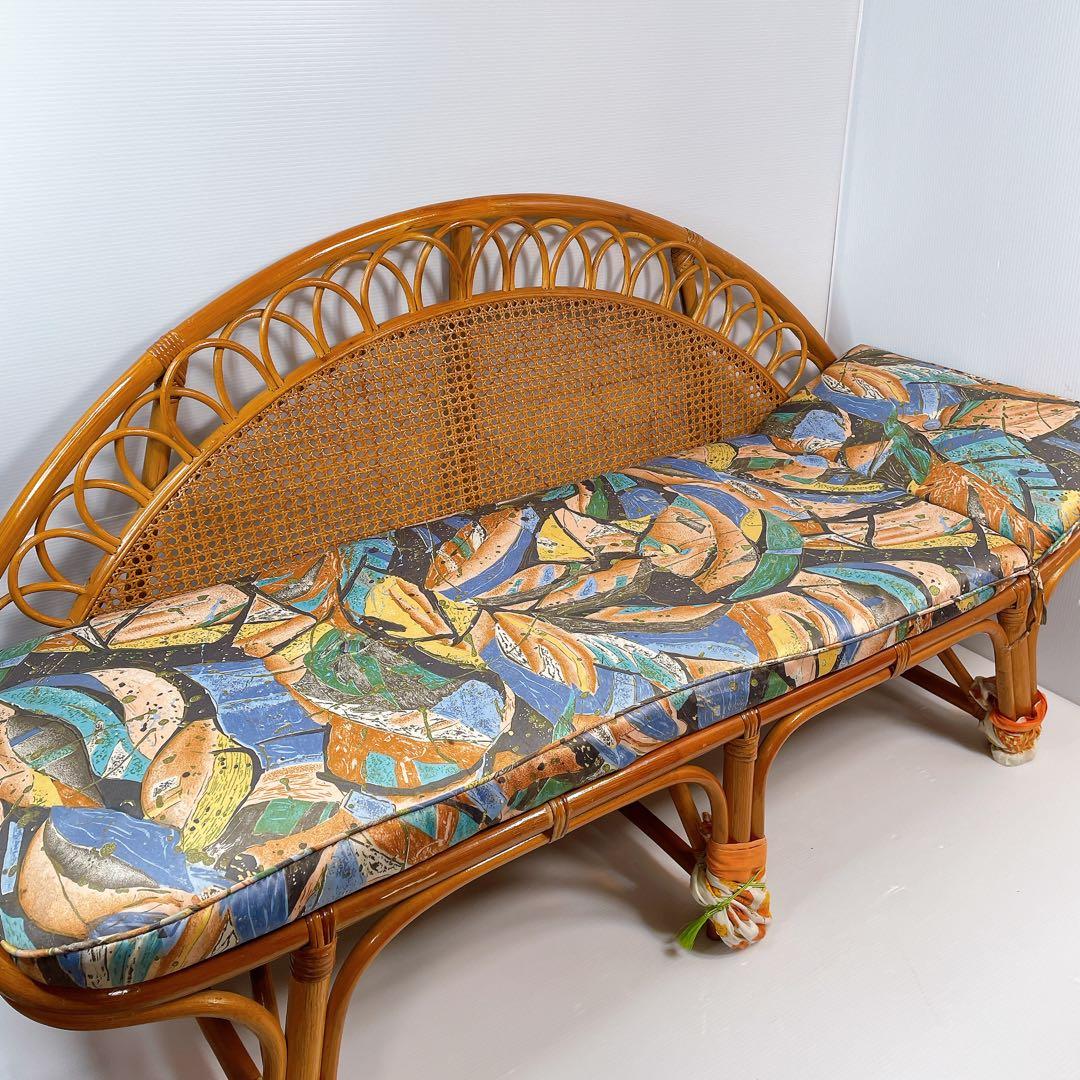 ヴィンテージ ラタン 籐 ソファ ベンチ 2人掛け 昭和レトロ　クッション付き