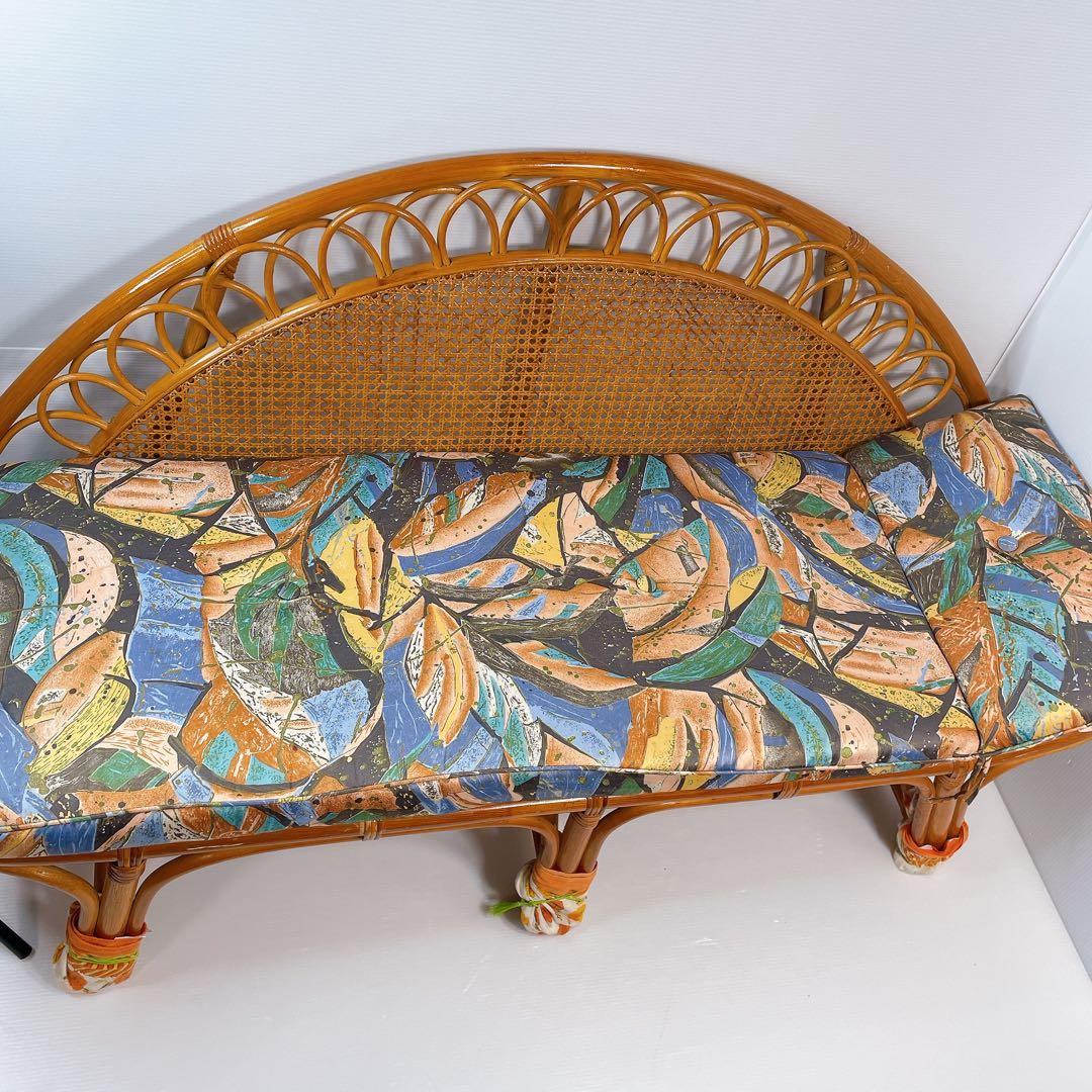 ヴィンテージ ラタン 籐 ソファ ベンチ 2人掛け 昭和レトロ　クッション付き