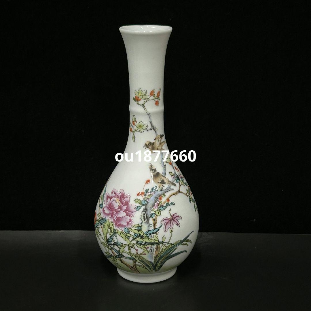 景徳鎮 陶器 粉彩花鳥紋玉壺春瓶 挿花器 装飾品 現代工芸品 美術品 置物