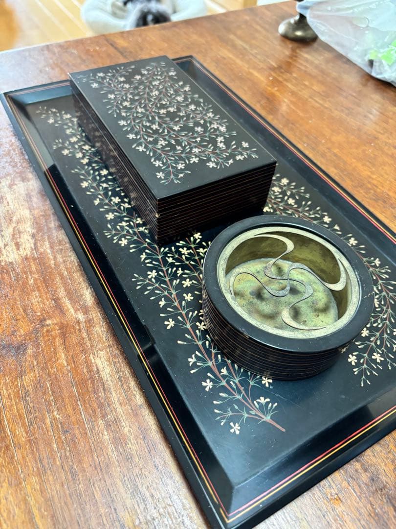 蒟醤　煙草盆セット　岡田章人作　喫煙具　灰皿　煙草ケース　タバコ