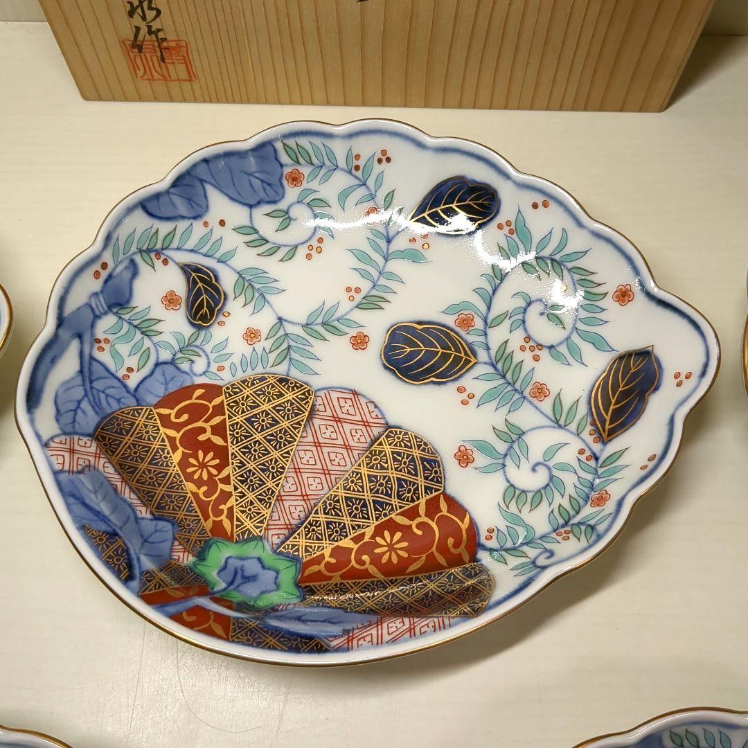 賞美堂　其泉窯　鮑型　金彩色絵菊花唐草紋　和皿揃　中皿５枚