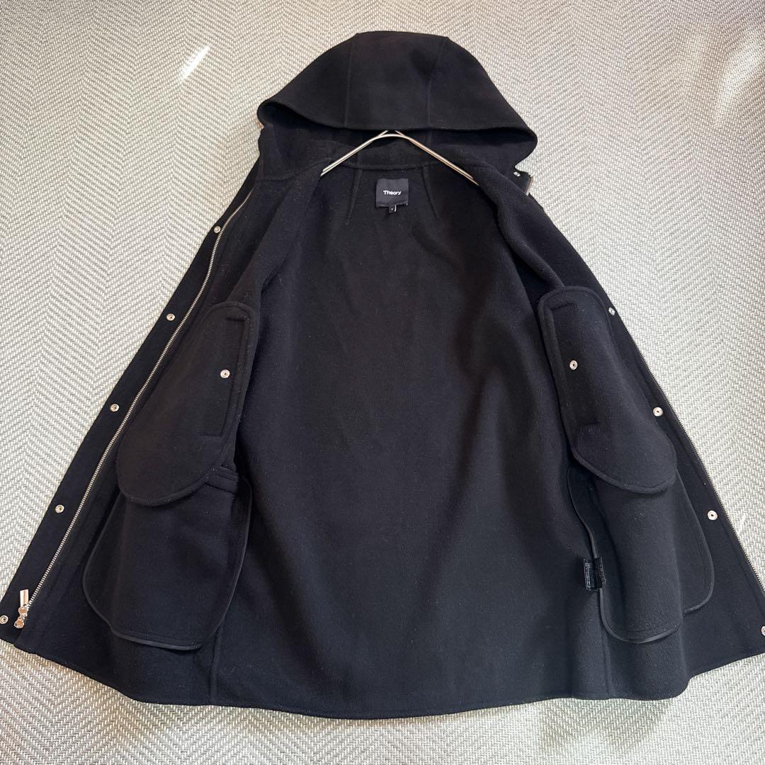 美品 Theory カシミヤ混 ダブルフェイス フード付き コート ブラック M