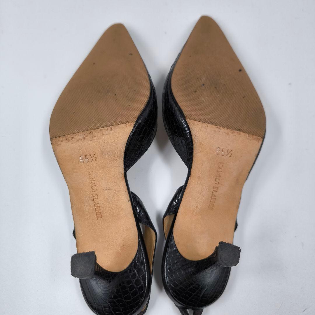 【マノロブラニク】パンプス 22.5 クロコ型押し ポインテッドトゥ 黒 ヒール