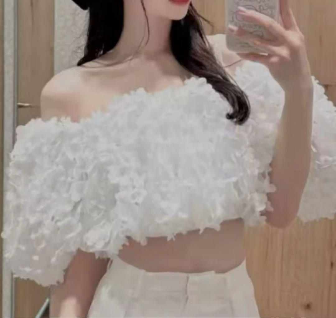 フラワー装飾パフスリーブクロップドトップ