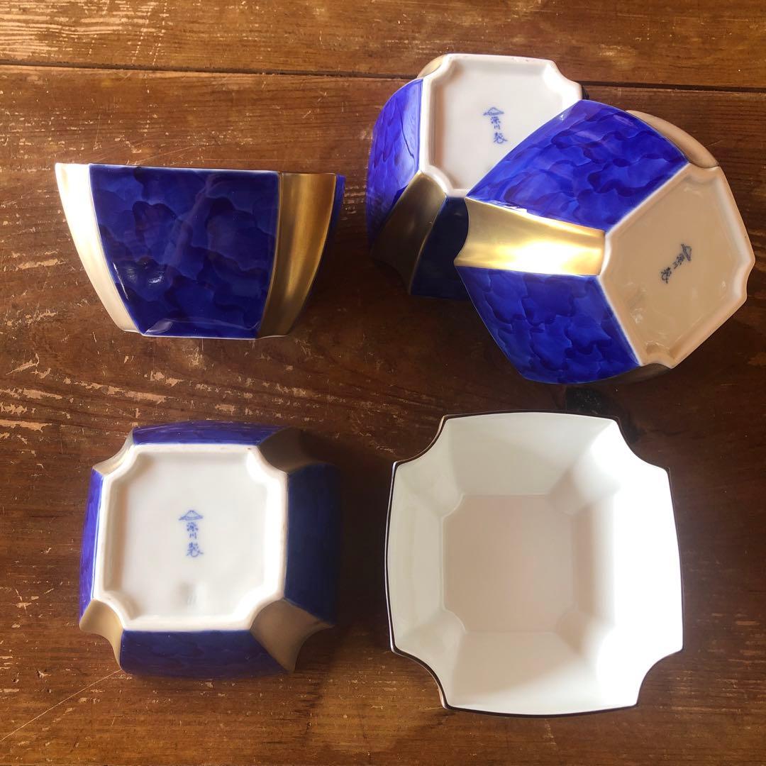 深川製磁 小鉢 小丼 隅切角 染錦 小付 瑠璃色 染錦 角小鉢 金彩 銀彩 深川
