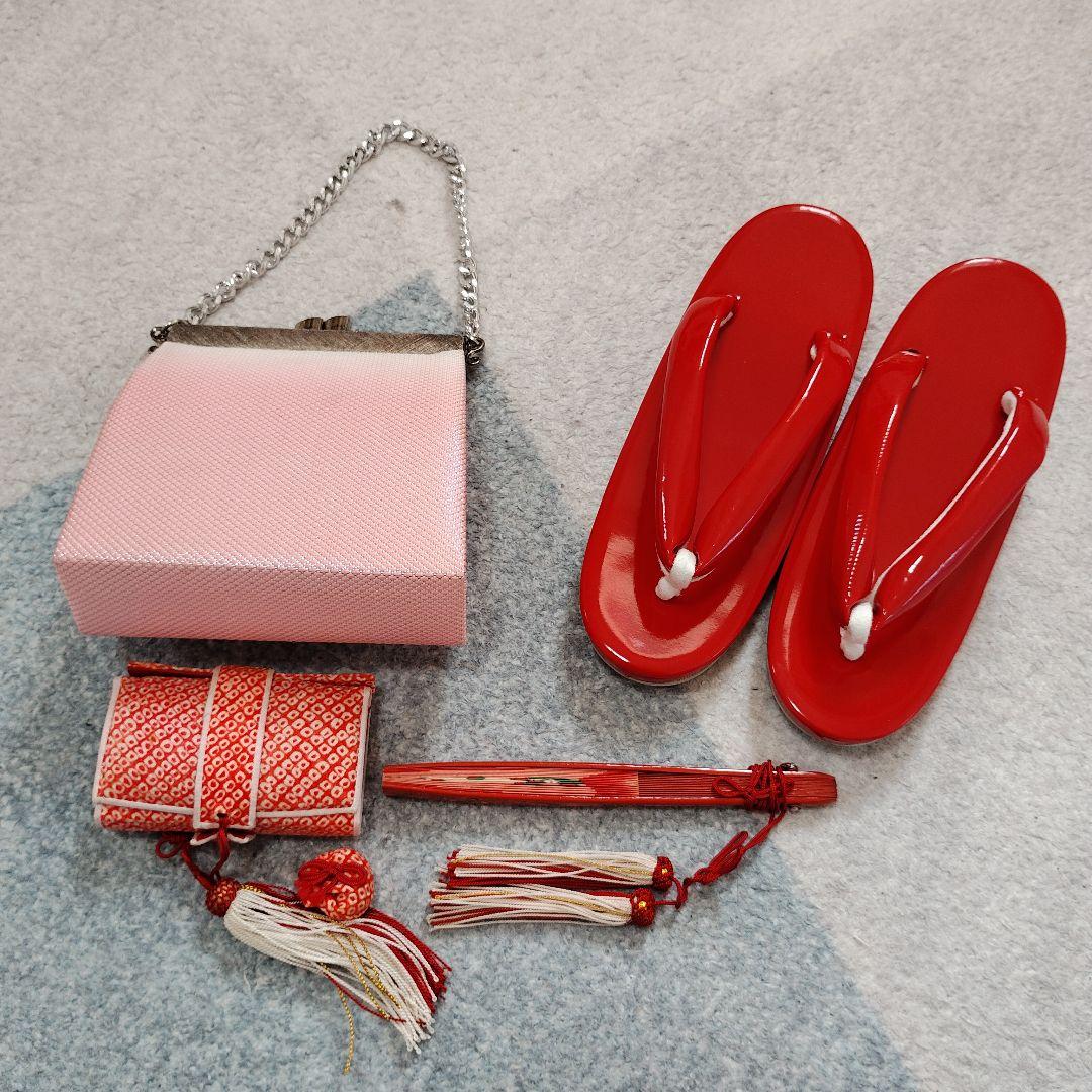 七五三 7歳 正絹綸子 セミアンティーク 着物 帯 バッグ 草履 小物セット