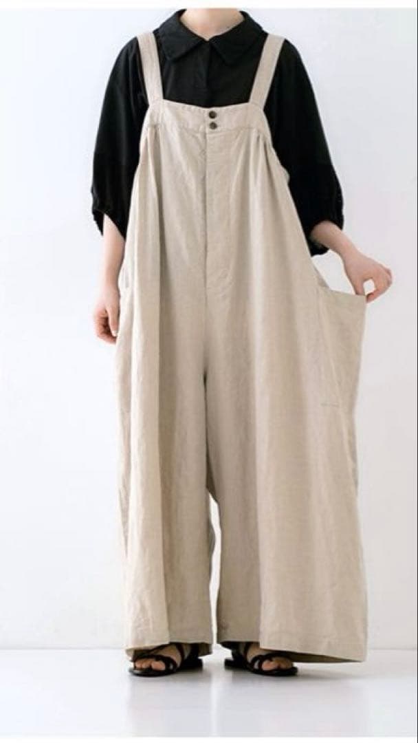 ネストローブ　ブラックリネンワイドサロペット