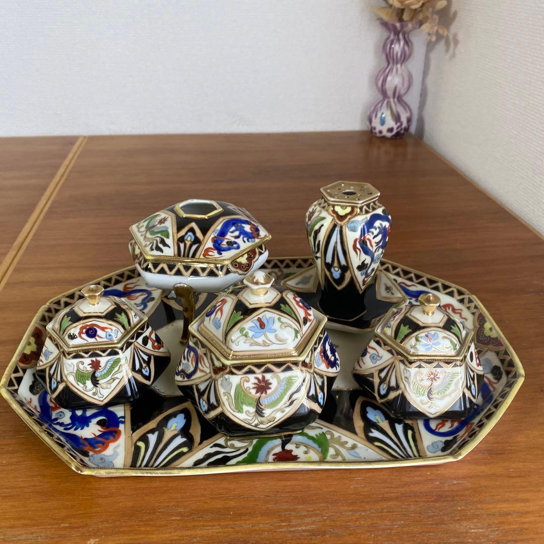 英国 里帰り オールドノリタケ ドレッシングテーブルセット マルキ印 金盛り