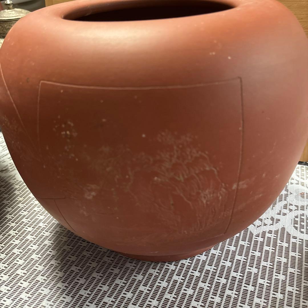 朱泥の陶器火鉢　美品　常滑焼　メダカ鉢山の風景彫刻