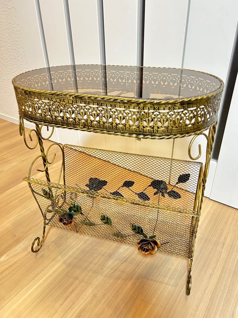 【値引き中】ガラス天板サイドテーブル アンティーク調マガジンラック 送料無料