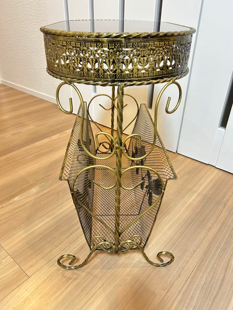 【値引き中】ガラス天板サイドテーブル アンティーク調マガジンラック 送料無料