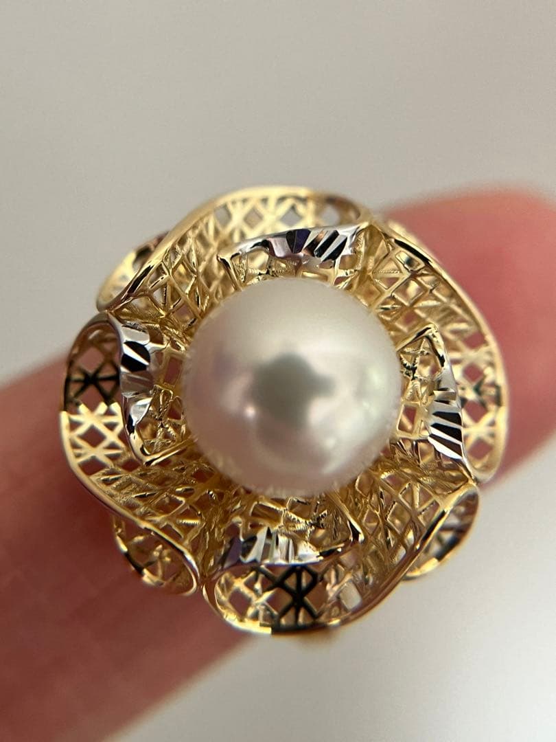 新品K18YGアコヤパール8mmフラワーリング指輪