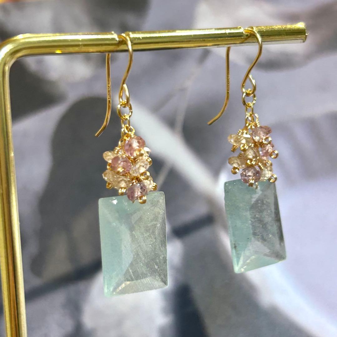 希少✳︎大粒シンデレラアクアマリン　レクタングル　14kgf　天然石ピアス