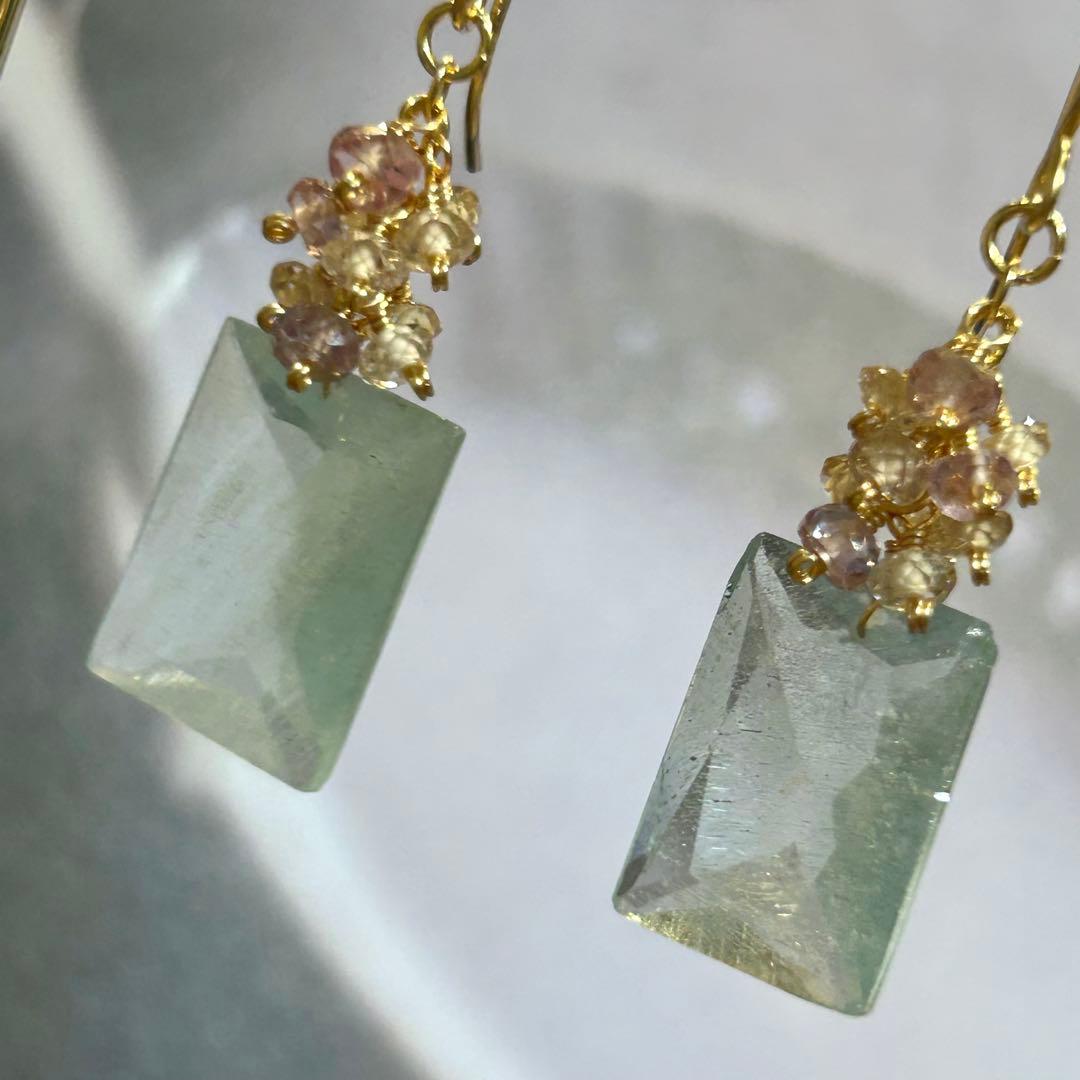 希少✳︎大粒シンデレラアクアマリン　レクタングル　14kgf　天然石ピアス