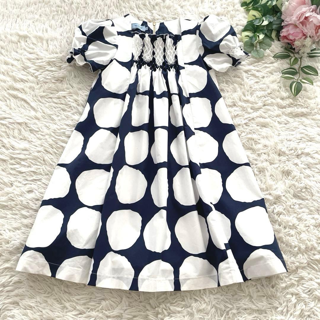 極美品✨ミミソル　ワンピース　水玉ドット　150 イタリア製 シャーリング 半袖
