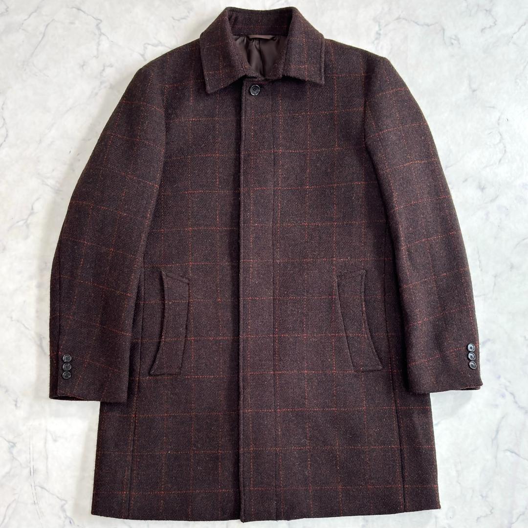 美品 ハリスツイード ステンカラーコート チェック サイズL sx0