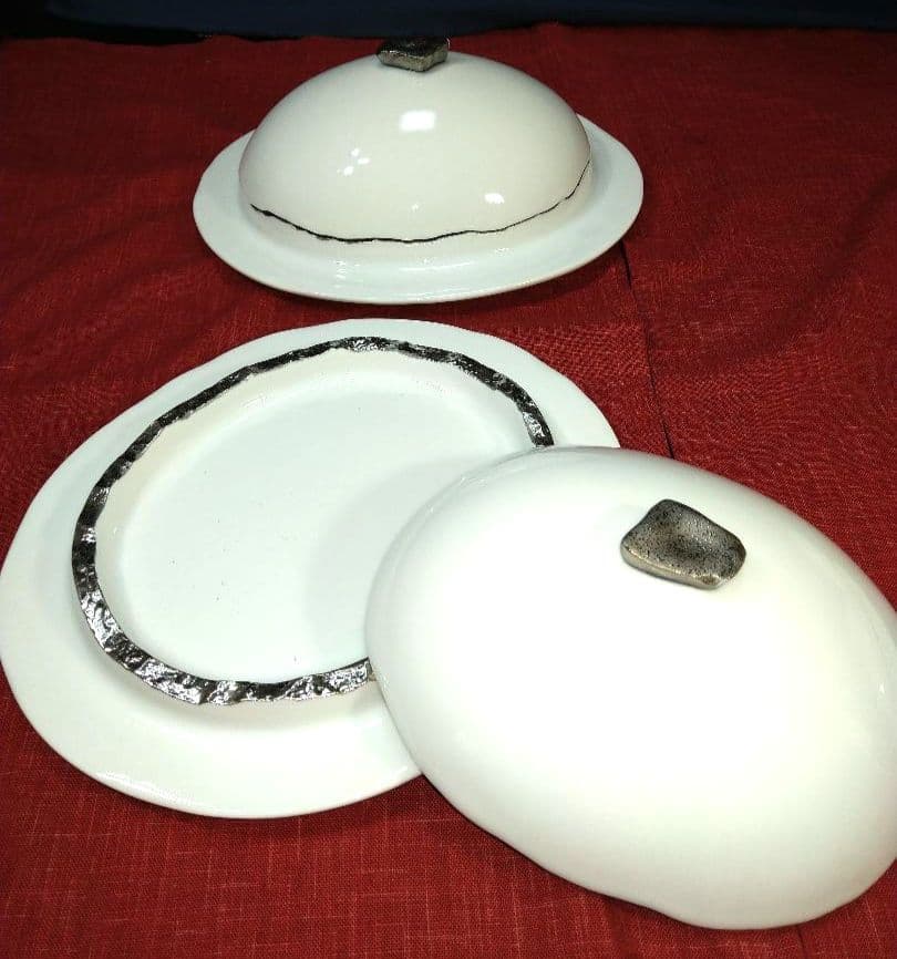 ♥高級レストラン・ホテル風・ディスプレ用⬛銀彩【蓋付きドーム型・デザイン３皿】