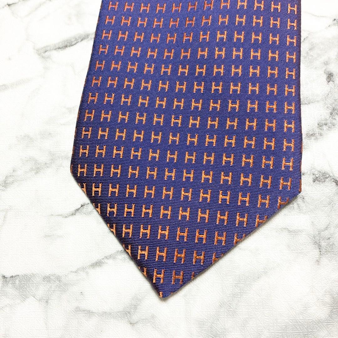 未使用！HERMES エルメス　ファソネ　H柄 パープル×オレンジ　現行ネクタイ