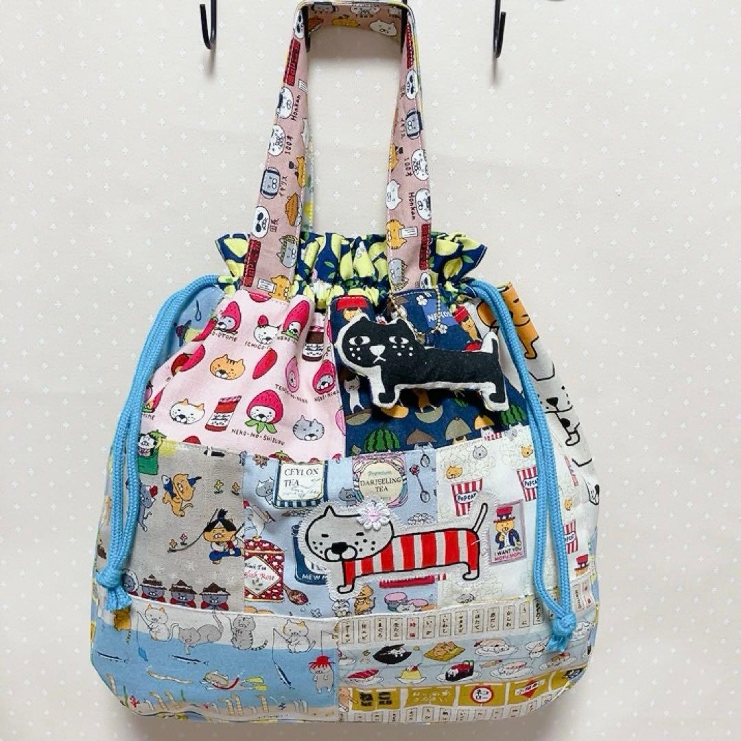 チューリップ型 巾着トートバッグ ねこ生地パッチワーク 3way レモン猫