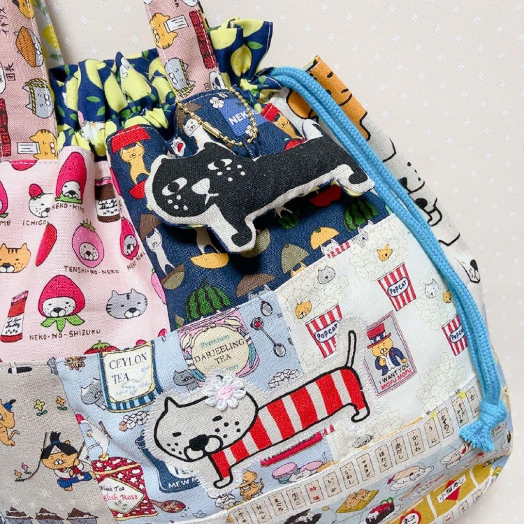 チューリップ型 巾着トートバッグ ねこ生地パッチワーク 3way レモン猫