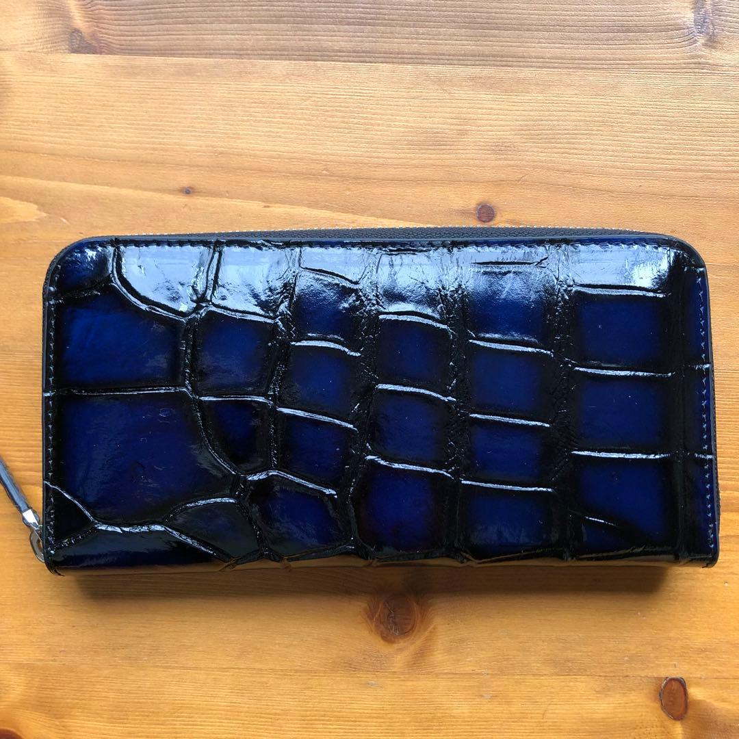 ア*オ様 本物　クロコダイル　シャムワニ　 長財布 ワニ革 一枚革　青ブルー