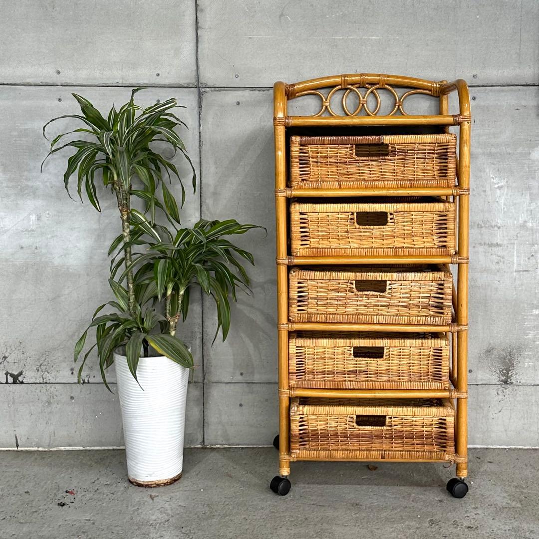 ⭐️即決価格⭐️ラタン 籐家具 5段チェスト　ランドリーラック キャスター付