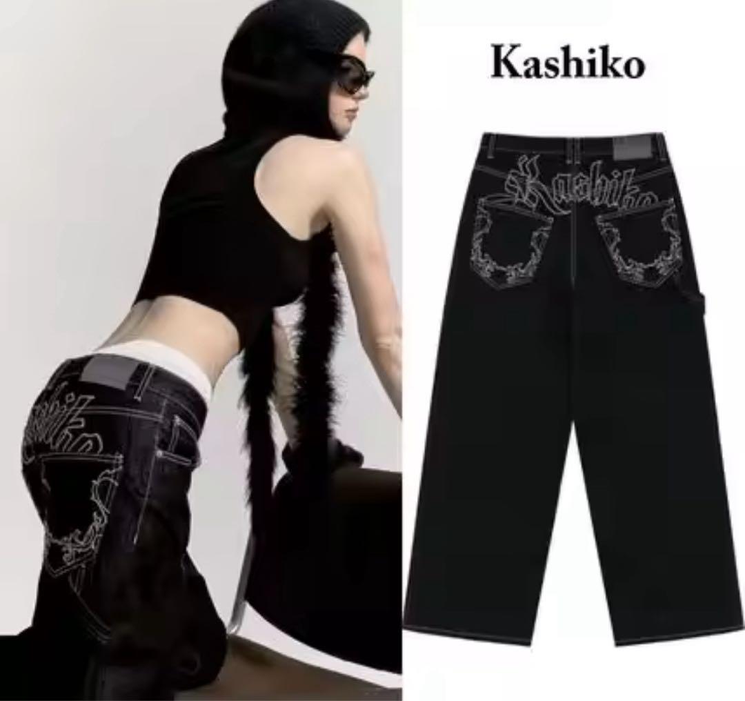 Kashiko ブラックデニム ワイドレッグパンツ