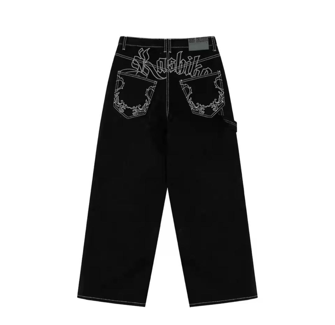 Kashiko ブラックデニム ワイドレッグパンツ