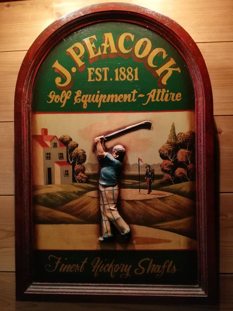 英国)60’アンチィークゴルフボード看板、立体飾り絵