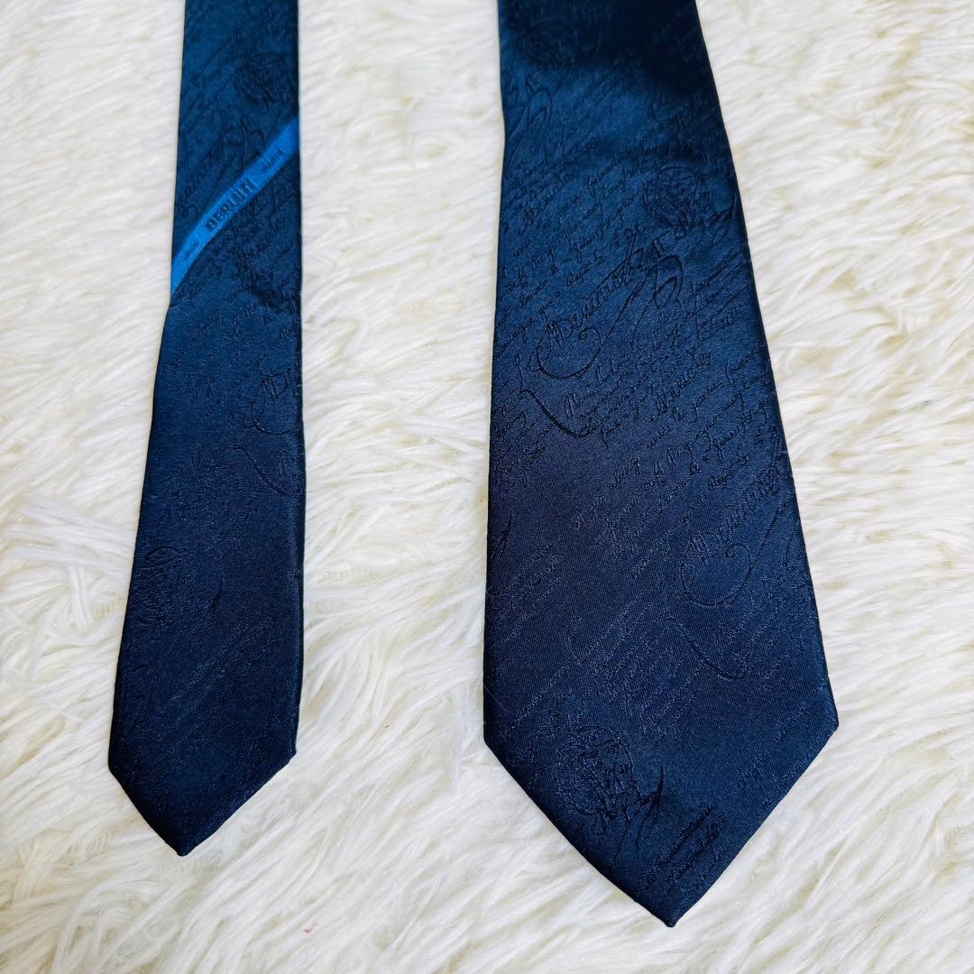 未使用品級✨ ベルルッティ カリグラフィ ネクタイ ネイビー 剣幅7.5cm