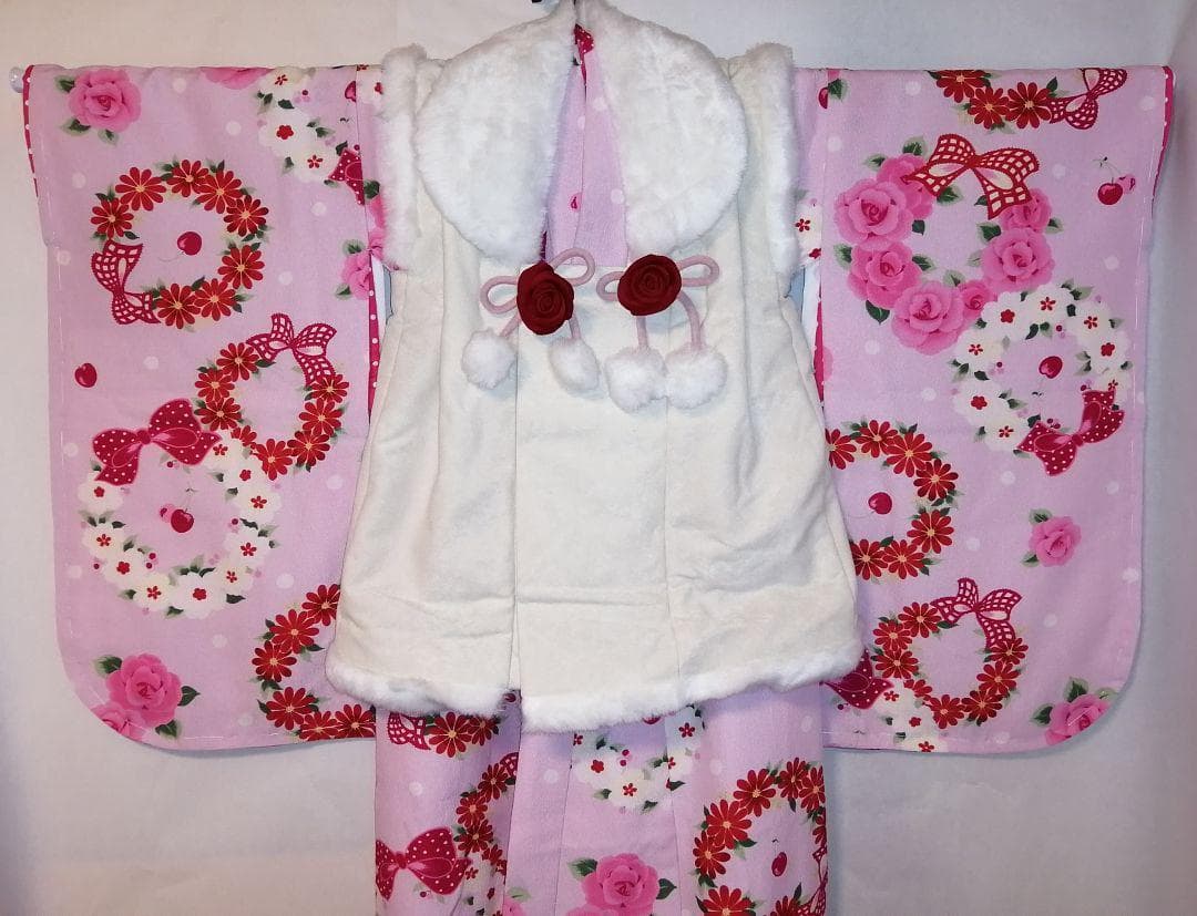 松田聖子ブランド 七五三 3歳.着物.被布.女の子セット巾着 髪飾り 草履付3⑨