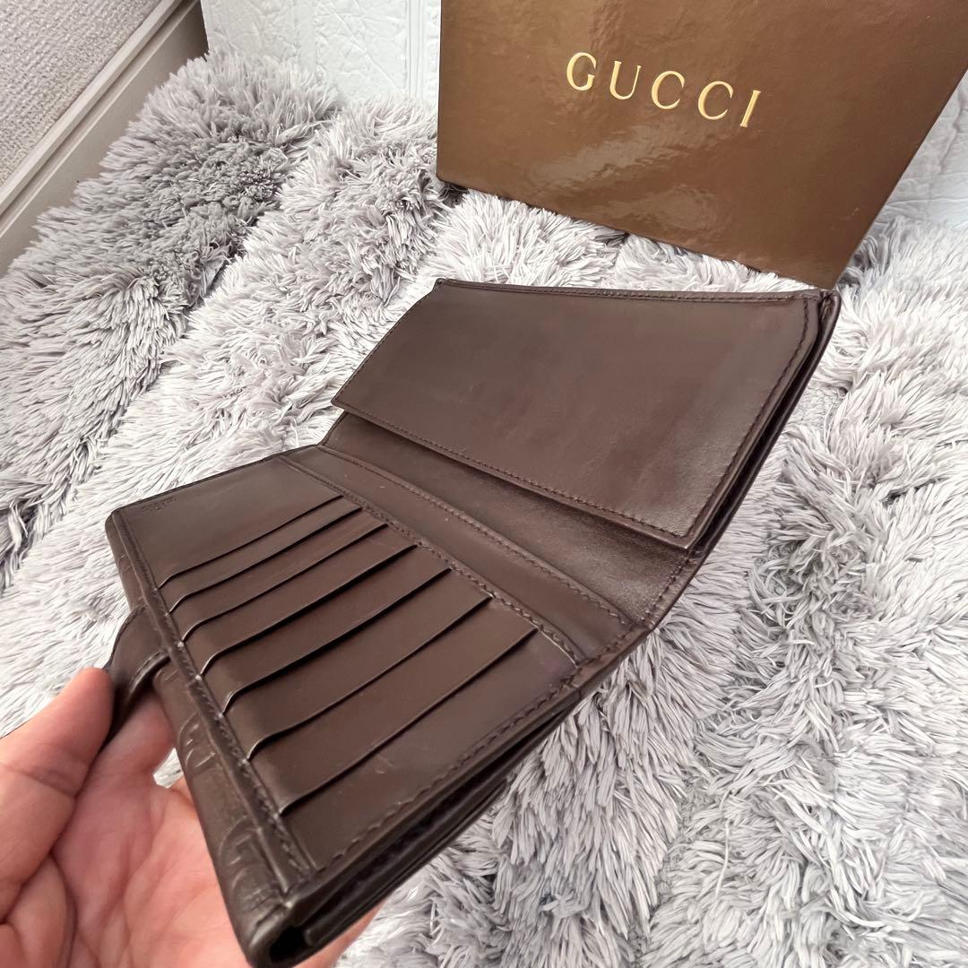 良品✨GUCCI シマ　長財布　ダークブラウン　ロゴプレート　Wホック